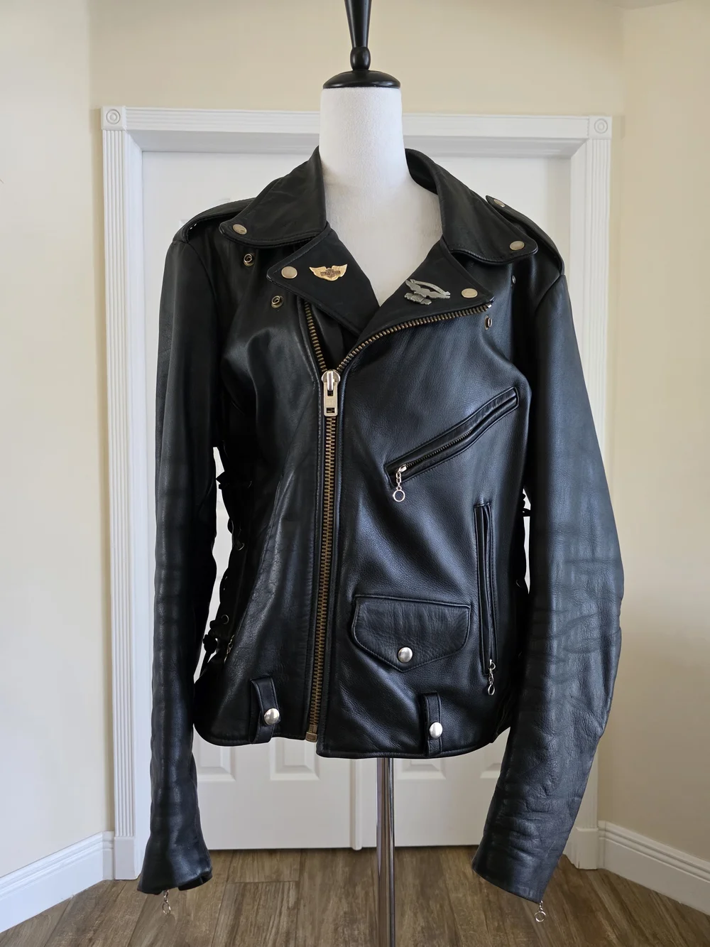 Vintage 1991 German Leather Motorcycle Jacket Harley Davidson Artwork- Mens 46